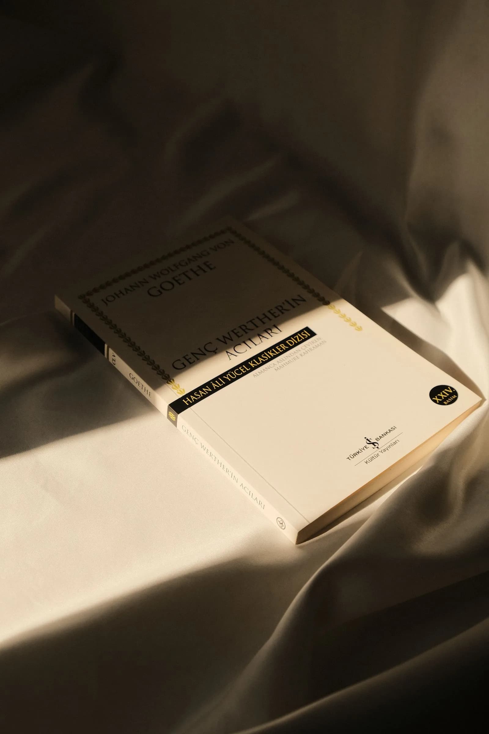 A hardcover Goethe novel resting on draped fabric in warm, angled light.