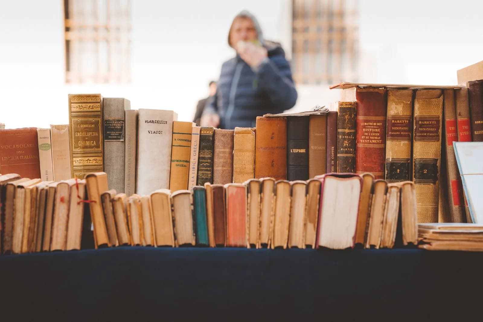 Row of antique books on a wooden shelf, evoking Italian literary fiction.